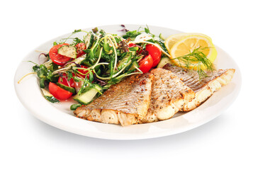 Plate with tasty baked cod fillet and vegetables on white background