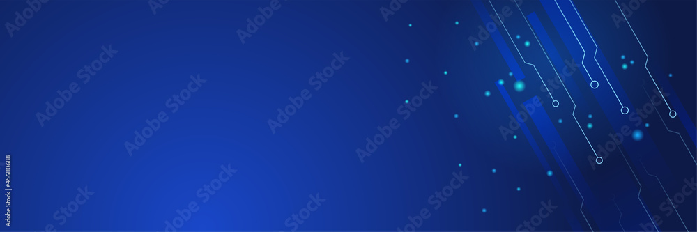 Poster blue circuit background. wide banner background or web header with technology pattern in dark blue c