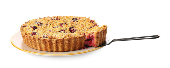 Plate with tasty cherry pie on white background