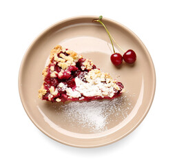 Plate with piece of tasty cherry pie on white background