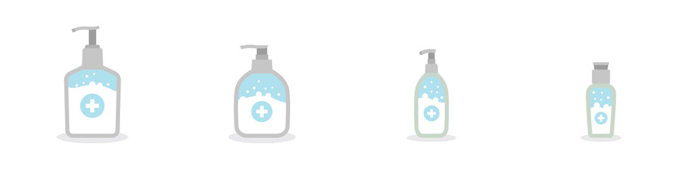 Conjunto de iono de envase de diferentes tamaños. Gel antibacteriano, alcohol, jabón líquido. Frasco o recipiente. Ilustración vectorial, color azul