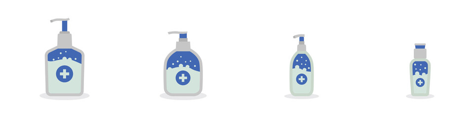 Conjunto de iono de envase de diferentes tamaños. Gel antibacteriano, alcohol, jabón líquido. Frasco o recipiente. Ilustración vectorial, color azul - obrazy, fototapety, plakaty