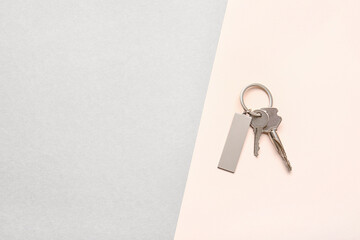 Keys with stylish keychain on color background