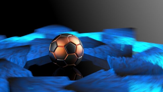 Orange-Black Soccer Ball and Rotating Hot Iron Blue Star Abstract. 3D illustration. 3D CG. High resolution.