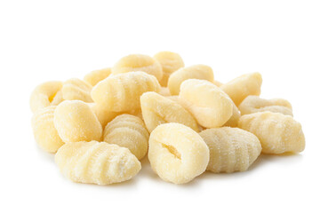 Raw gnocchi on white background