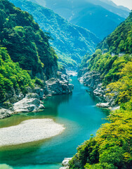 徳島県　山城町　新緑の吉野川と小歩危渓谷