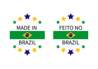 Made in Brazil labels in English and in Portuguese languages. Quality mark vector icon. Perfect for logo design, tags, badges, stickers, emblem, product package