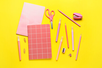 Stationery supplies on color background