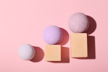 Composition with lavender bath bombs on color background