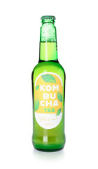 Bottle of fresh kombucha tea on white background