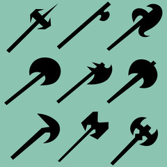 Set of nine silhouettes of axes. Image for icons, games, sites and more.