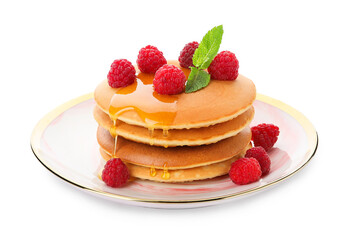 Plate of tasty pancakes with honey and berries on white background