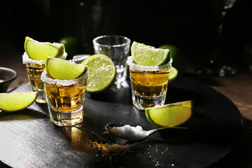 Shots of tasty tequila with lime on table