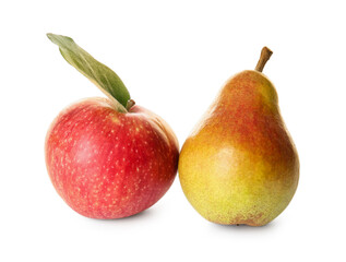 Ripe pear and apple on white background