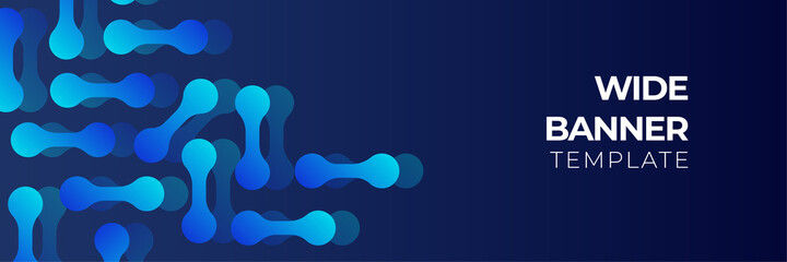 Blue wide banner background, layout futuristic brochures, flyers, placards. Contemporary science and digital technology concept. Vector template for brochure or cover with hi-tech elements background