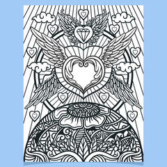 Hand drawn of heart with wings, mandala art