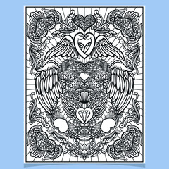 Hand drawn of heart with wings, mandala art