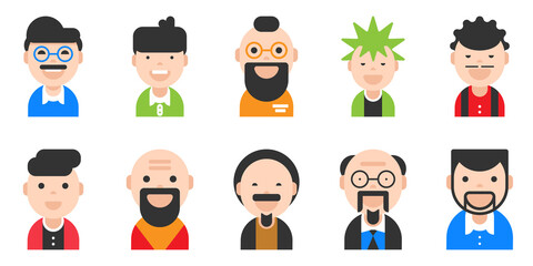 Set of 10 men portraits , different ages and status. Vector illustration isolated on white background