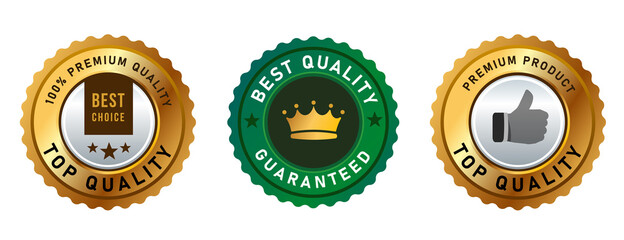 best quality guarantee premium top thumbs up crown symbol emblem gold badge sticker green vector isolated