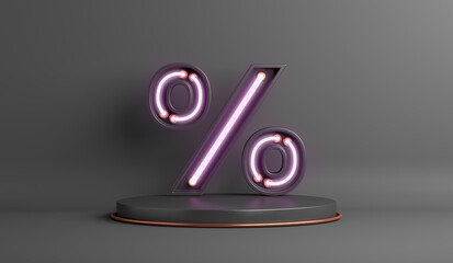 Black Friday sale background with neon light percent symbol, display podium, copy space text, 3D rendering illustration