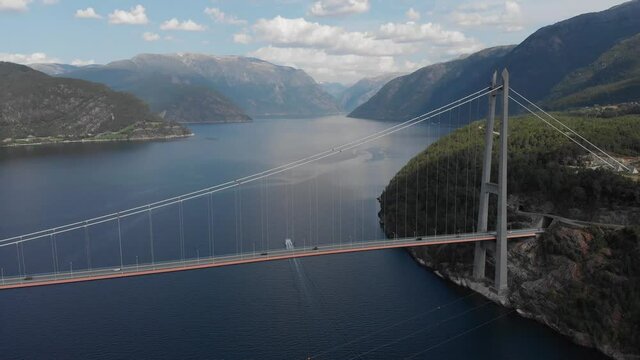 Aerial: amazing Hardanger Bridge, suspension bridge in Eidfjorden Norway