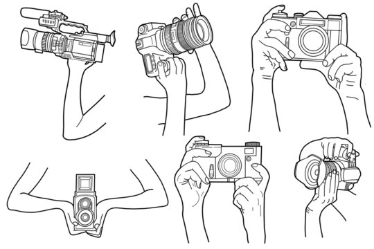 Illustration of hands holding camera, hand drawn in black color and White color
