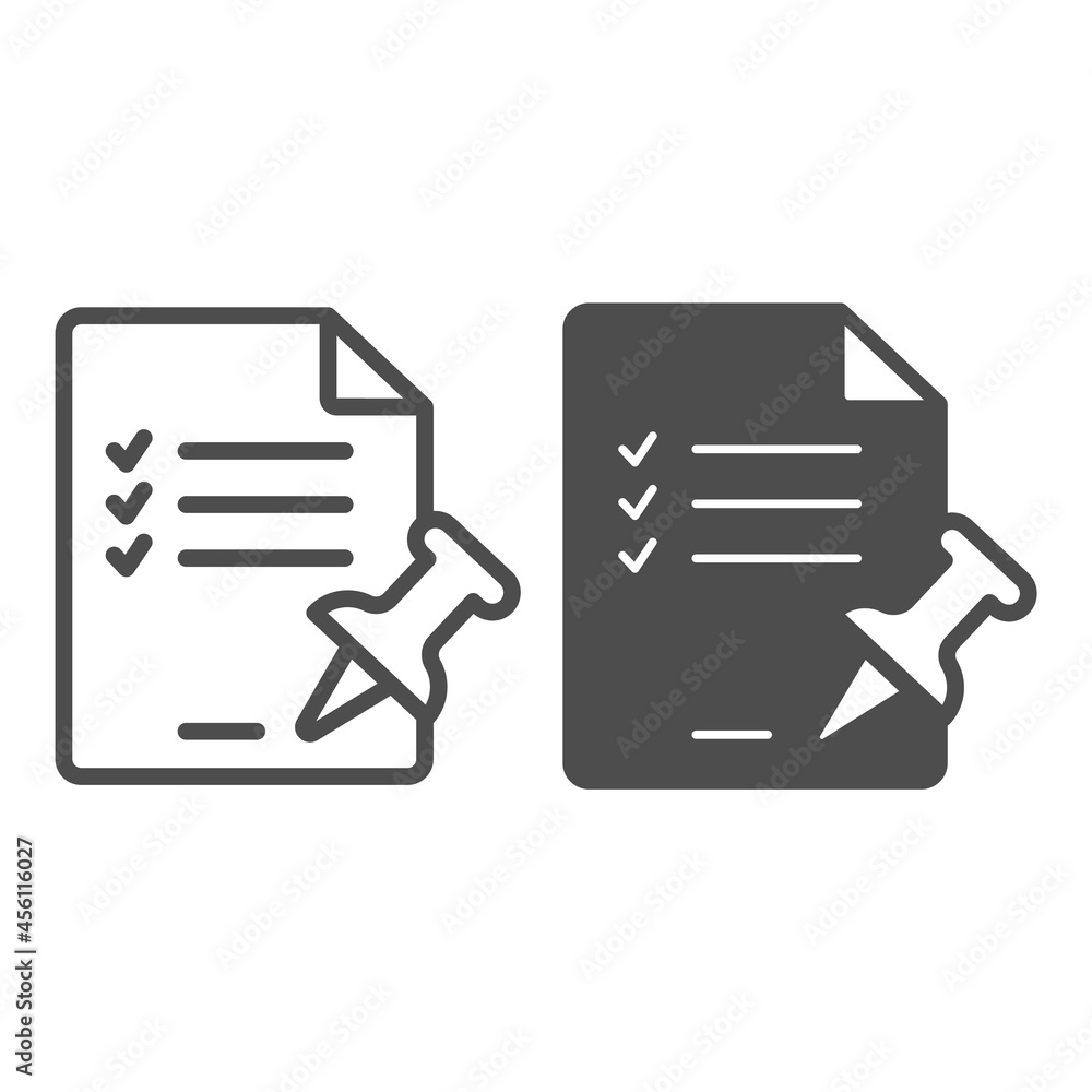 Aufkleber paper sheet, page with ticks and push pin line and solid icon, documents concept, checklist vector s