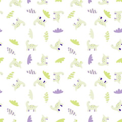 Pastel colored seamless pattern of dinosaurs and striped clouds. Perfect for scrapbooking, greeting card, poster, textile and prints. Doodle style illustration for decor and design.