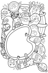Funny monsters seamless pattern for coloring book. Black and white background.  illustration