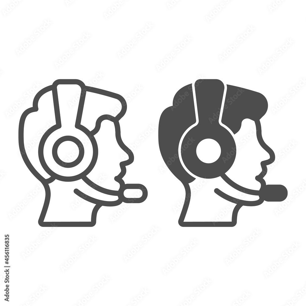 Poster profile of man in headphones and microphone line and solid icon, work concept, guy in headset vector