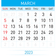 March Planner Calendar 2023. Illustration of Calendar in Simple and Clean Table Style for Template Design on White Background. Week Starts on Sunday