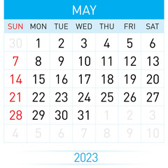 May Planner Calendar 2023. Illustration of Calendar in Simple and Clean Table Style for Template Design on White Background. Week Starts on Sunday