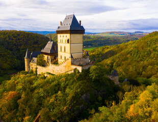 Fototapeta na wymiar View from drone of medieval castle in Karlstejn town, Czech Republic