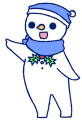 横を指さしている笑顔の雪だるま（青色）