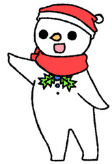 横を指さしている笑顔の雪だるま（赤色）