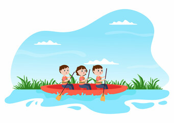 Rafting Background Flat Cartoon Vector Illustration With People do Activity Water Sports in the Middle of the Lake, Canoeing, Sitting in Boat and Holding Paddles