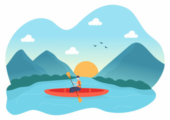 Rafting Background Flat Cartoon Vector Illustration With People do Activity Water Sports in the Middle of the Lake, Canoeing, Sitting in Boat and Holding Paddles