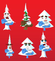 Cartoon winter pine trees with faces holding a cup of coffee. Cute forest trees. Snow on pine cartoon character, funny holiday vector illustration.