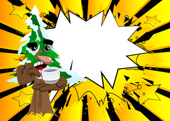 Cartoon winter pine trees with faces holding a cup of coffee. Cute forest trees. Snow on pine cartoon character, funny holiday vector illustration.
