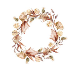 Watercolor beautiful autumn wreath. Round decorative frame