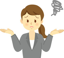 イラスト素材：スーツの女性が困った表情でお手上げ状態を表現する様子　上半身
