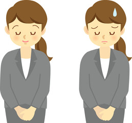 イラスト素材：スーツの女性が頭を下げる様子　お辞儀　謝罪　上半身　セット
