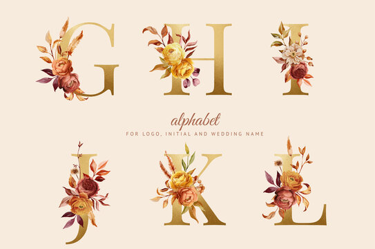hand painted autumn floral alphabet set with red, yellow and brown flowers and leaves. Flowers composition for logo, cards, branding, etc