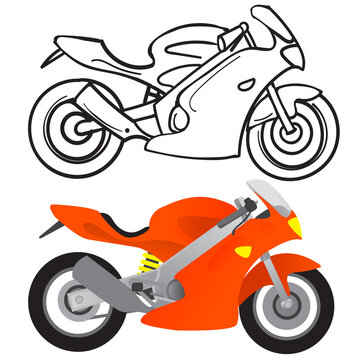 Vector illustration of a red motorbike supersport motorcycle superbike, outline black and white sketch and color version