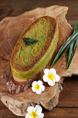 Baked pandan cassava also known as Bingka Ubi Kayu pandan.