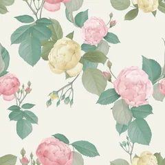 Selbstklebende Fototapeten Floral seamless pattern, pink and yellow roses and green leaves on bright yellow © momosama
