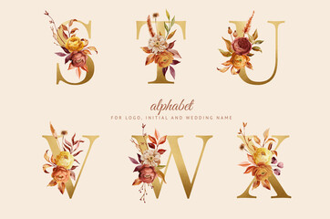 hand painted autumn floral alphabet set with red, yellow and brown flowers and leaves. Flowers composition for logo, cards, branding, etc © hengkidesen