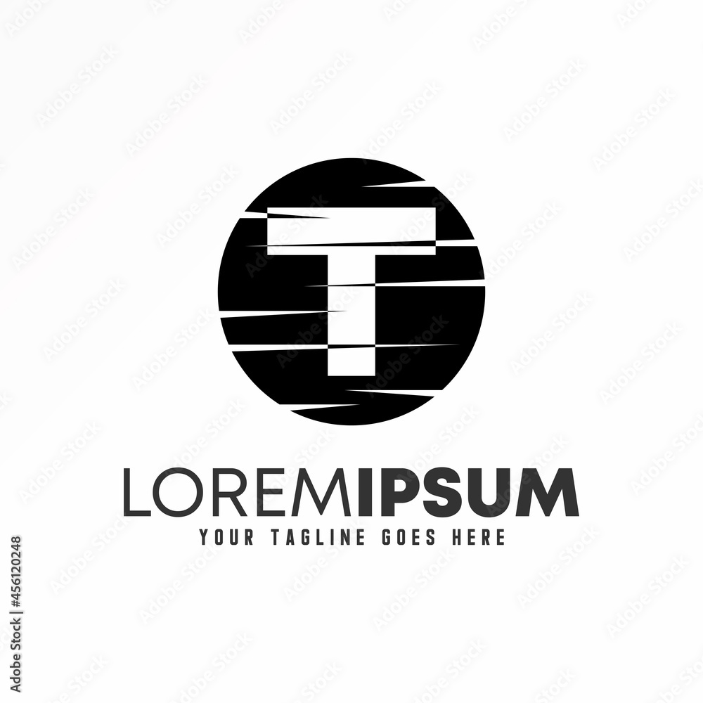 Poster Letter or word T san serif in block circle with side cutting like night moon image graphic icon logo design abstract concept vector stock. Can be used as a symbol related to initial.