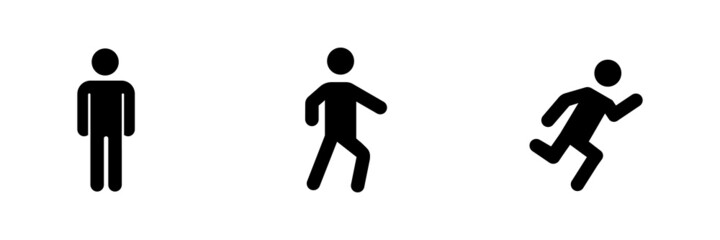 Fototapeta na wymiar Conjunto de Icono de hombre de pie, caminando y corriendo. De pie, caminar y correr. Concepto de postura del cuerpo. Ilustración vectorial, estilo silueta negro