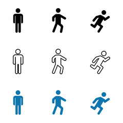 Conjunto de Icono de hombre de pie, caminando y corriendo. De pie, caminar y correr. Concepto de postura del cuerpo. Ilustración vectorial, estilo silueta azul, negro y línea negro
